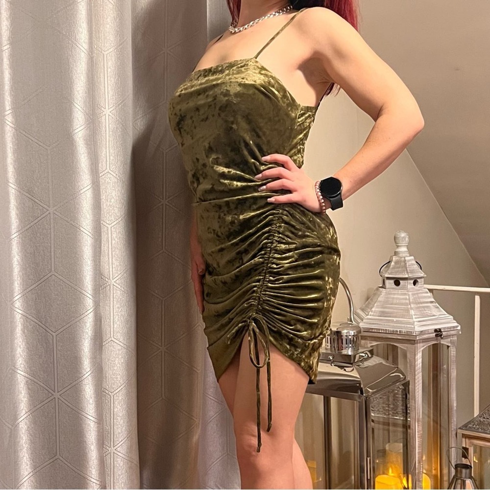 Super Cute velvet olive green ruched dress NWT